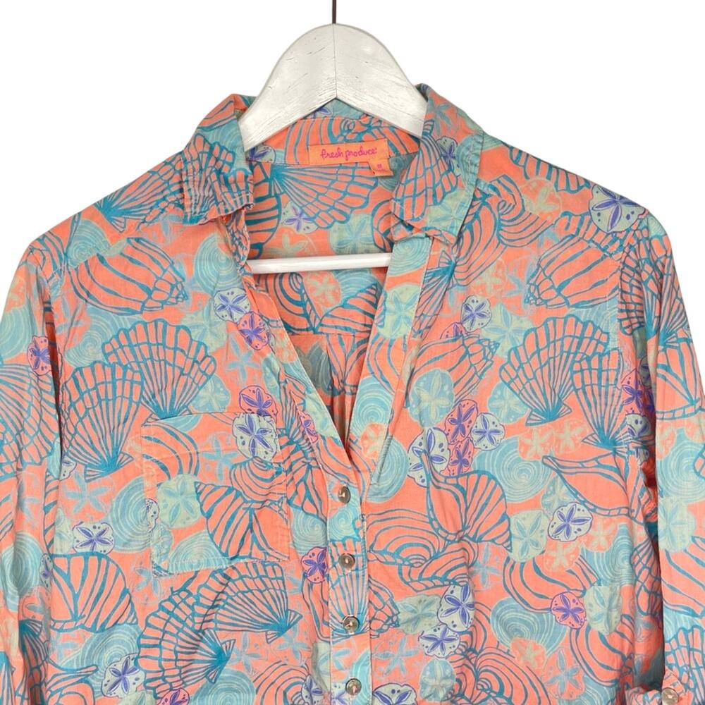 Fresh Produce Size M Pink & Blue Seashell Sanddollar Popover Lightweight Shirt - Picture 2 of 8